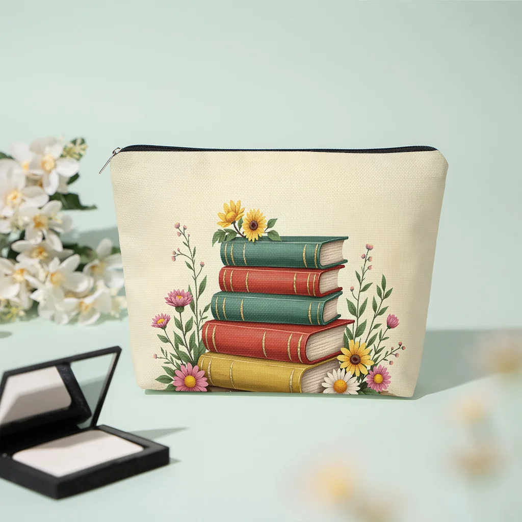 Vintage Stack Books Sunflower Wildflower Print Cosmetic Bag Zipper Makeup Pouch Portable Travel Storage Bag Book Lover Gift