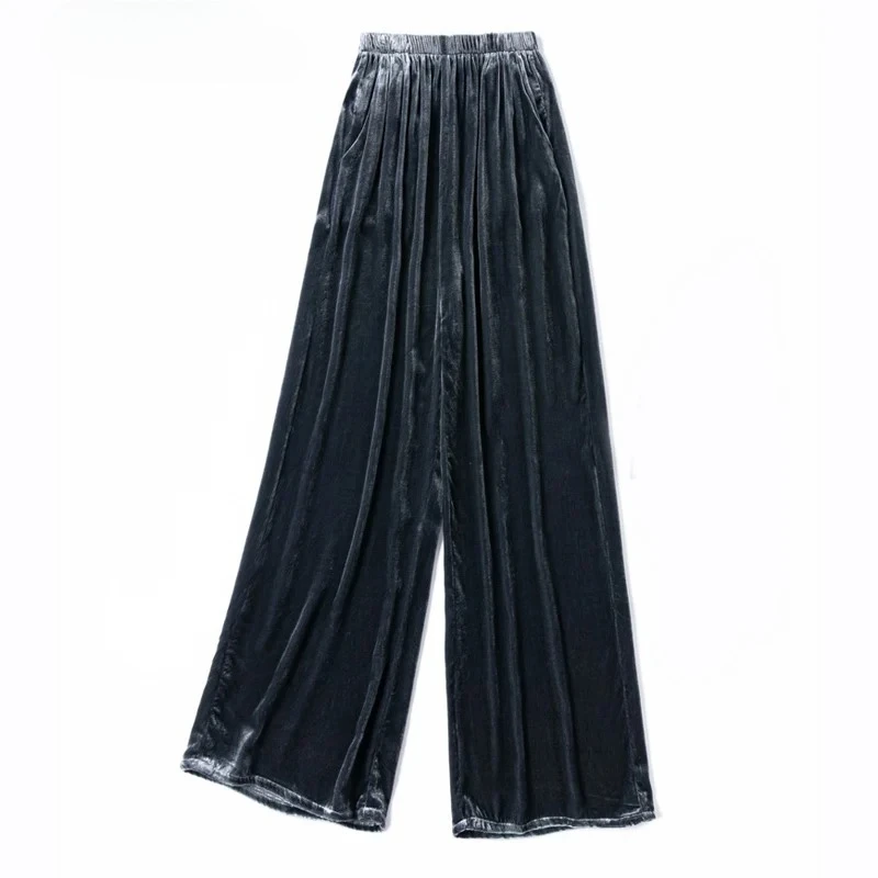 Women's Fashion Autumn Clothing Skin Friendly 30% Natural Mulberry Silk Velvet Dark Gray Retro Versatile Straight Leg Pants