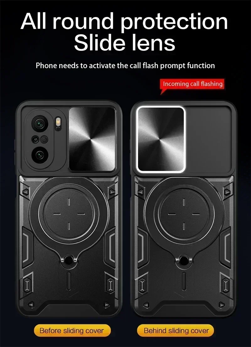 Para Xiaomi POCO F3 funda de lujo con soporte de anillo magnético cámara deslizante a prueba de golpes funda de teléfono para Poco Poko Little F3 F 3 3F contraportada