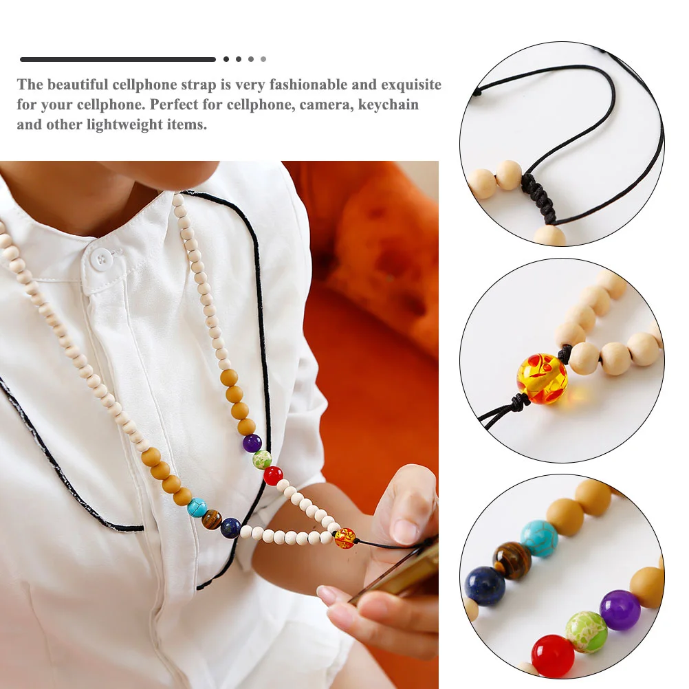 Wooden Bead Mobile Phone Lanyard Strap Neck Type Long Beaded Chain Camera Hanging Rope Cellphone Case Phones