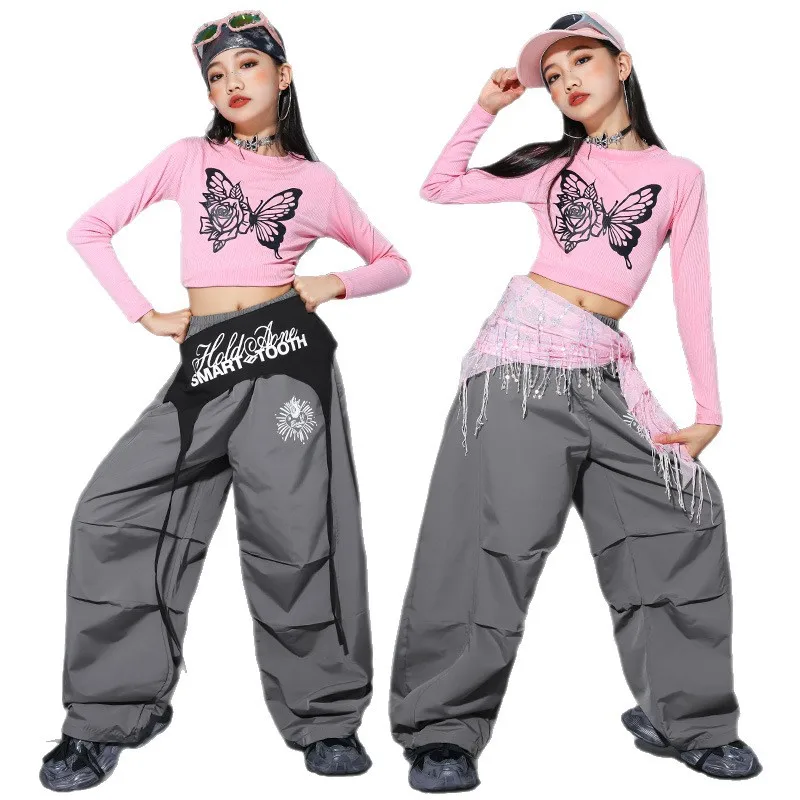 

2025 современная танцевальная одежда в стиле хип-хоп для девочек, укороченный топ, свободные брюки, наряды, детские костюмы для джазовых танцев