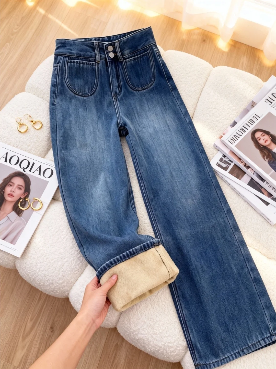 Fce forrado thi perna reta jeans feminino cintura alta solto ajuste outono inverno plus size emagrecimento calças de perna larga