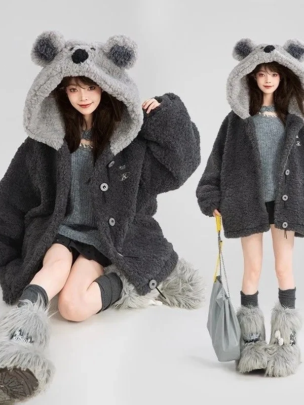Cute Hooded Lamb Fur Jacket plus Size Women's Loose Warm Thickened Plush Top Commute Korean Style Winter Casual Cartoon Anime