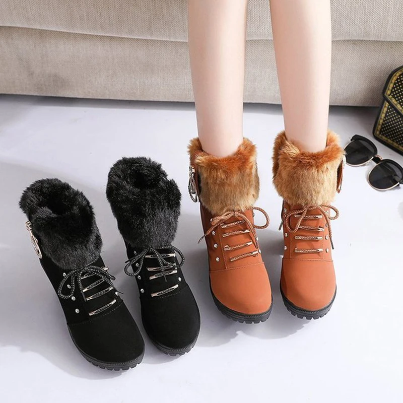 High Heel Winter Shoes Women Winter Boots Fashion Women\'s High Heel Boots Plush Warm Fur Shoes Ladies Brand Ankle Boots crystal