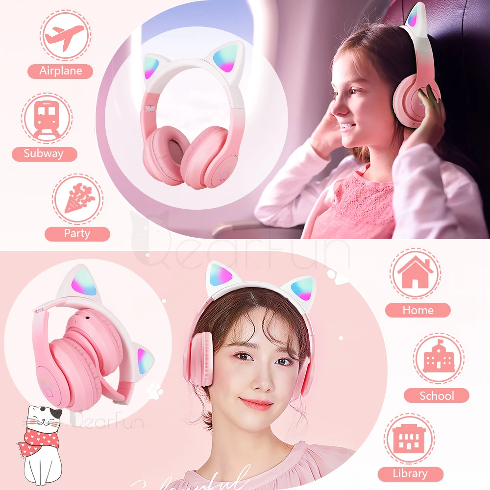 Cute Cat Headphones Bluetooth Girls Kids Glowing Wireless Earphones with built-in Mic, Headphones for Children Student Kids Gift