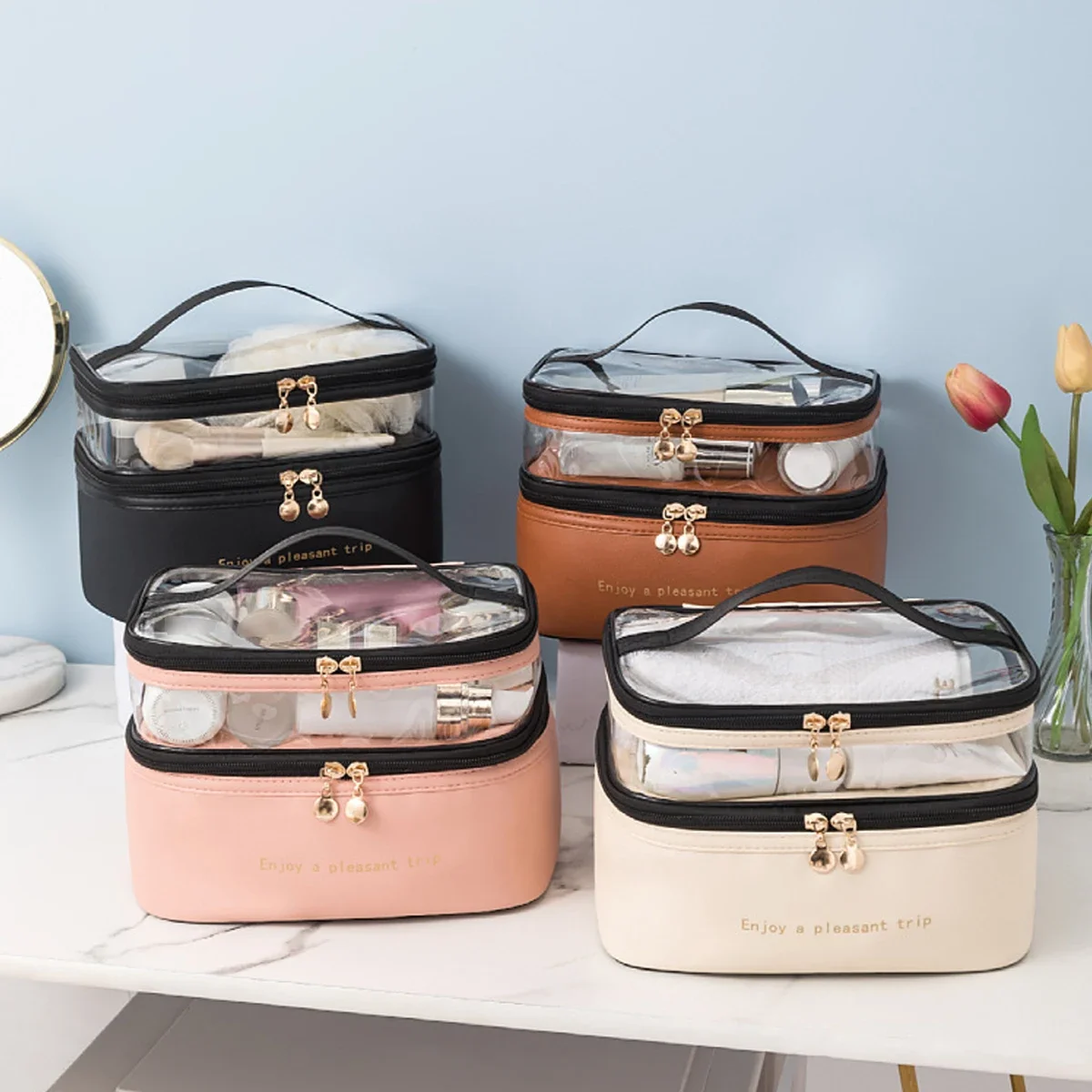 

Double layer PU cosmetic bag large capacity portable bag waterproof travel toiletry bag Bedroom organizers Nail organizer Bag