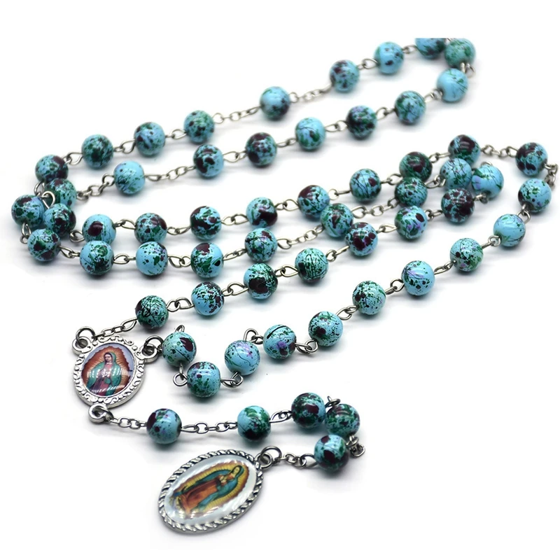 QIGO Guadalupe Pendant Necklace Blue Glass Beads Chain Rosary Religious Jewelry