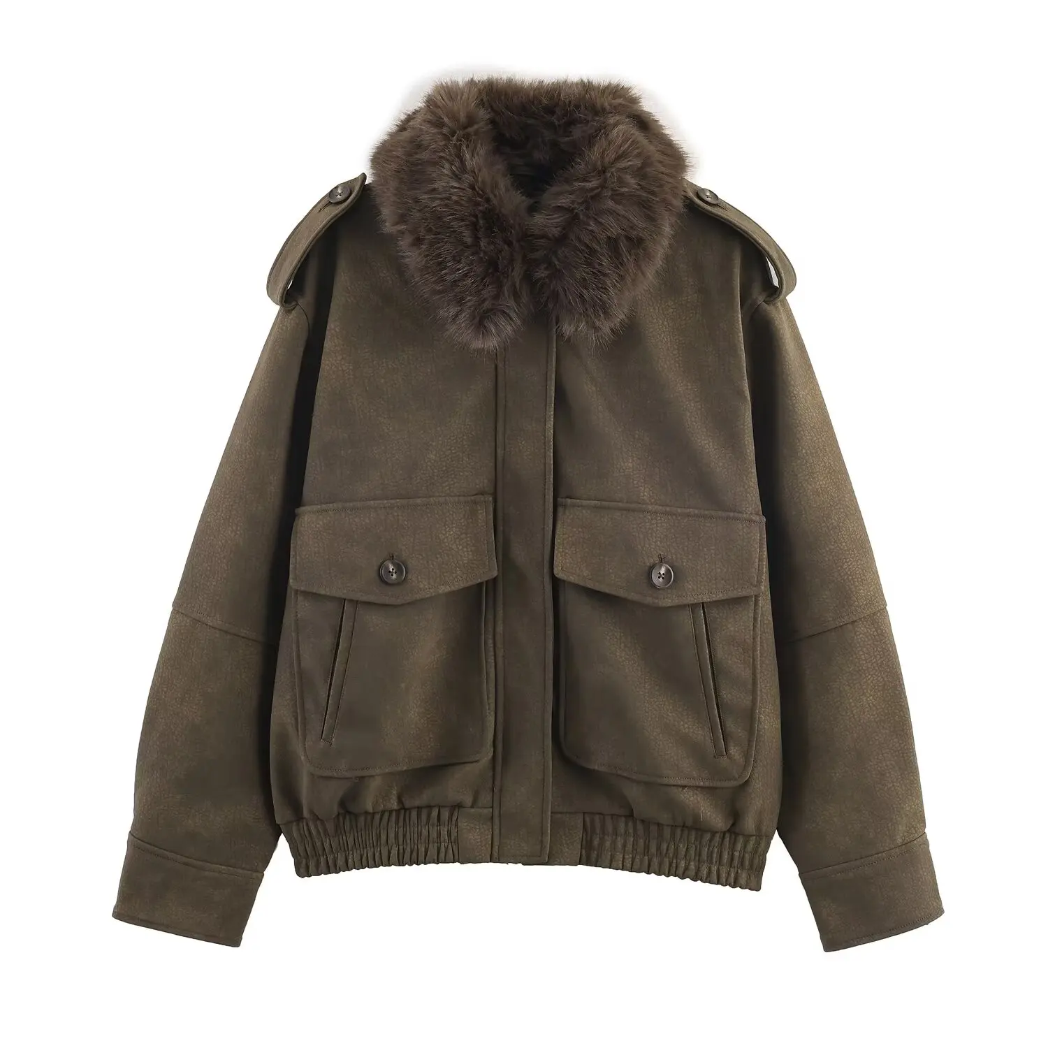 Women's Loose Removable Faux Fur Collar Suede Fabric Jacket Female With Large Pockets 2025 Autumn Winter Casual Jackets Coat