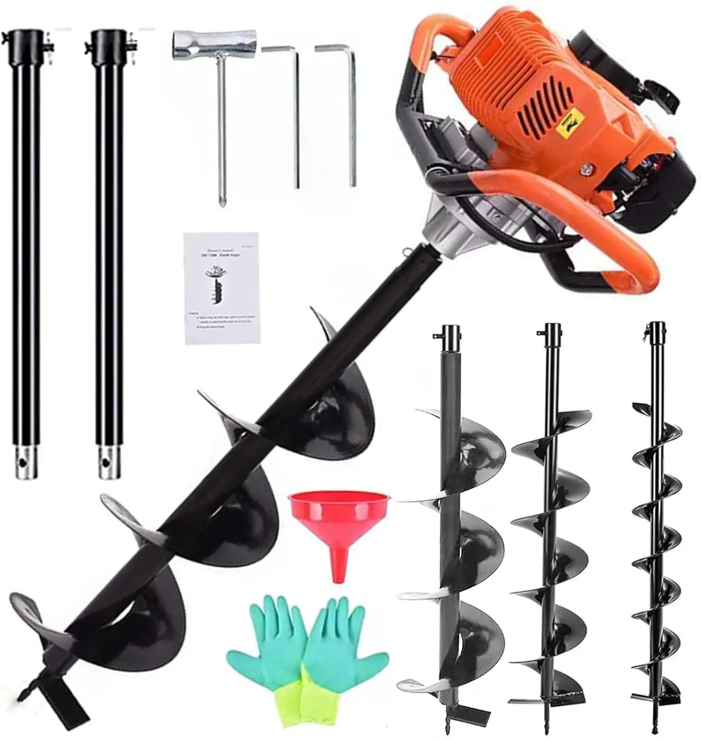 72cc Post Hole Digger, Gas Powered Digger with 2 Extension Rods(24'' &24'') + 3 Auger Drill Bits(3'' &5'' &8''), Earth Auger Pos