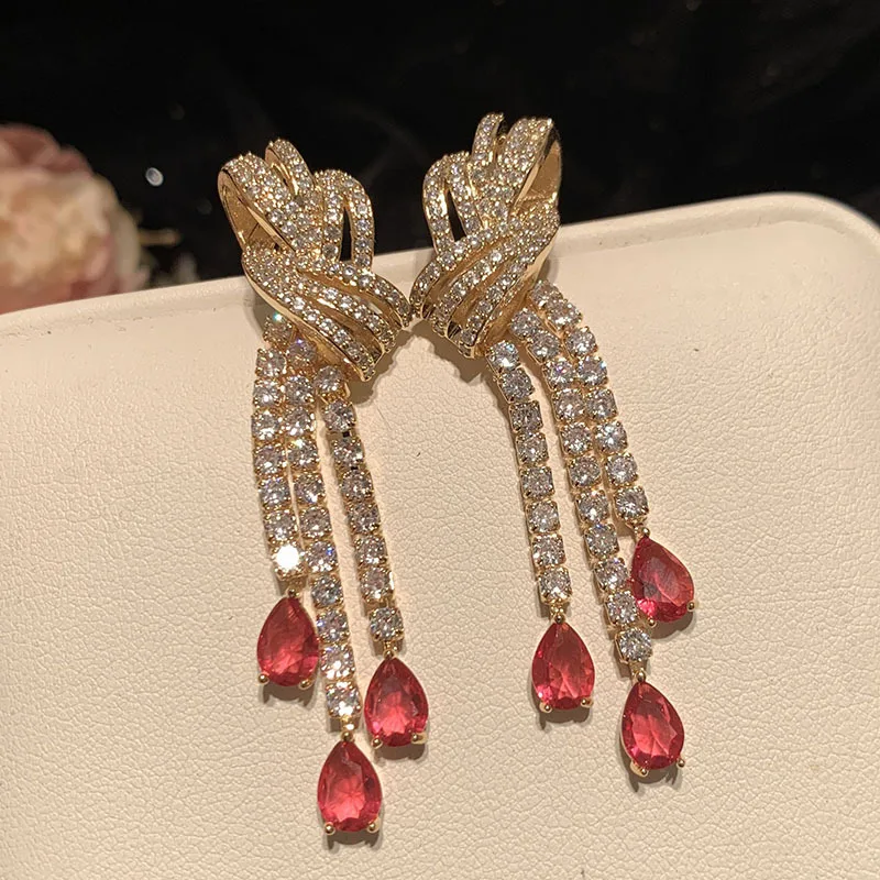 Water Drops Light Luxury Super Sparkling Long Tassel S925 Silver Needle Ribbon Hollow Bow Knot Earrings