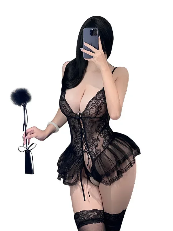 Mesh Sheer Transparent Mini Dress Lingerie Sexy Lace Jumpsuit Women Hot Uniform Lace Up Dress Elegant Hot Sexy Korean Women Y2CO
