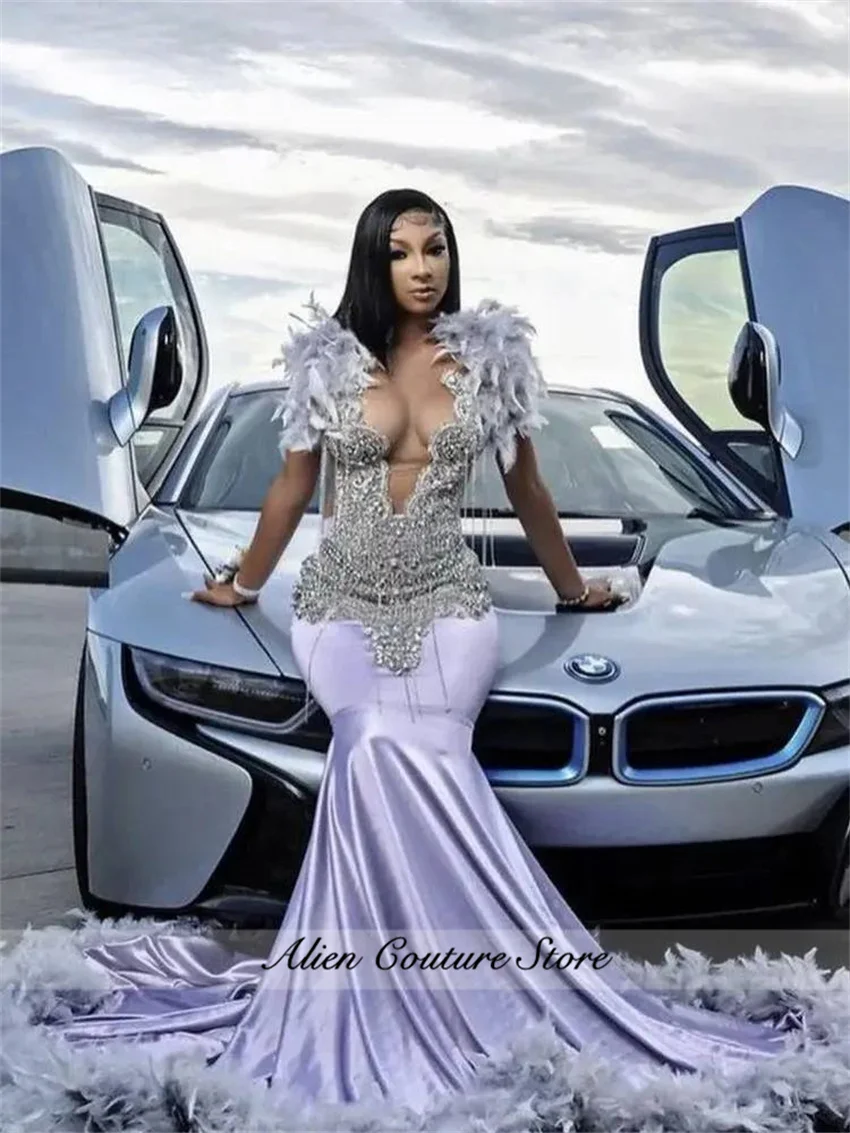 Luxury Purple Lilac Prom Dress Beading Crystal Feathers Tassels Elegant Birthday Dress Evening Dress Wedding Reception Customiz