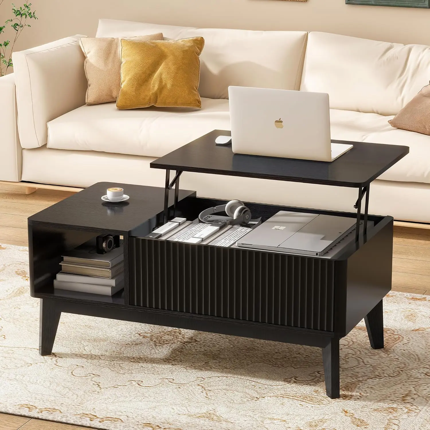 

Журнальный столик с рифленой столешницей и скрытым отделением, деревянный журнальный столик с подъемной столешницей, современный центральный столик для гостиной, дома, на заказ