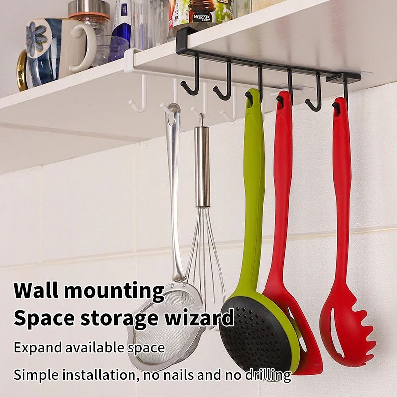 6 Hooks Storage Shelf Plastic Under Shelves Hanging Rack Utensils Holder Wardrobe Kitchen Bathroom Organizer Home Accessories