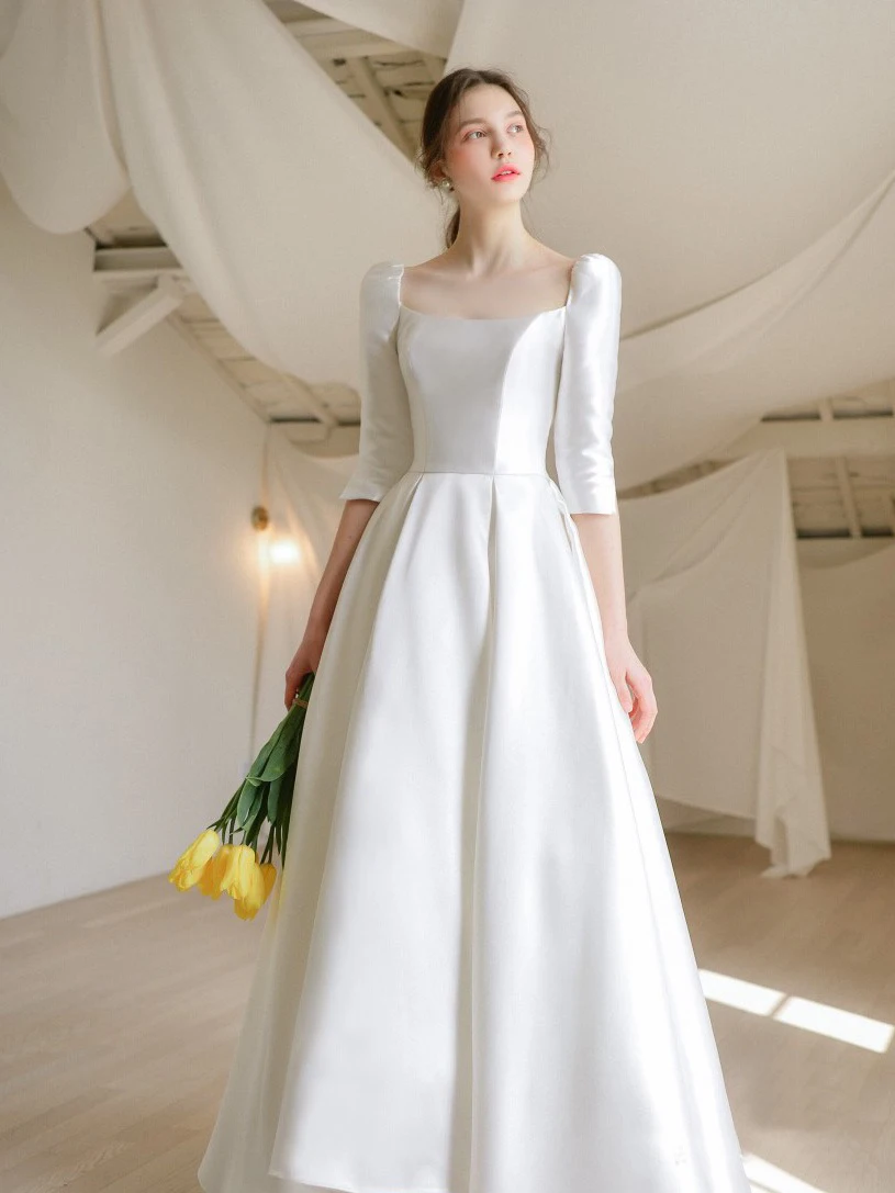 Vestidos De Novia sencillos De satén, elegantes Vestidos De Novia con cuello cuadrado, batas sin espalda para fiesta Formal