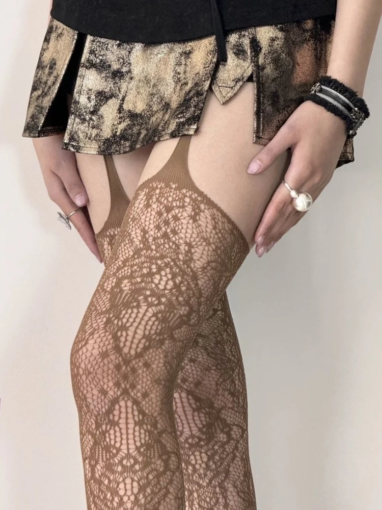 Stoking Jala Coklat Gambar Cetak Baru Kaus Kaki Setinggi Paha Berongga Kopi Seksi Wanita Kaus Kaki Panjang Di Atas Lutut Jepang Gotik Lolita