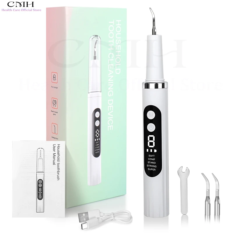 CMH Electric Tooth Cleaning Device Ultrasonic 37kHz Stain Remover Multi-Mode Dental Care Tool with 2 Replaceable Cleaning Heads