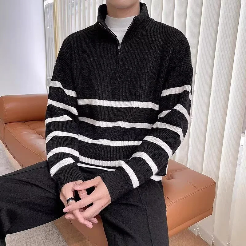 Winter Striped Half-zip Long Sleeve Sweaters For Man High Street Korean Fashion Pullovers Knitwear Y2K Vintage jersey hombre