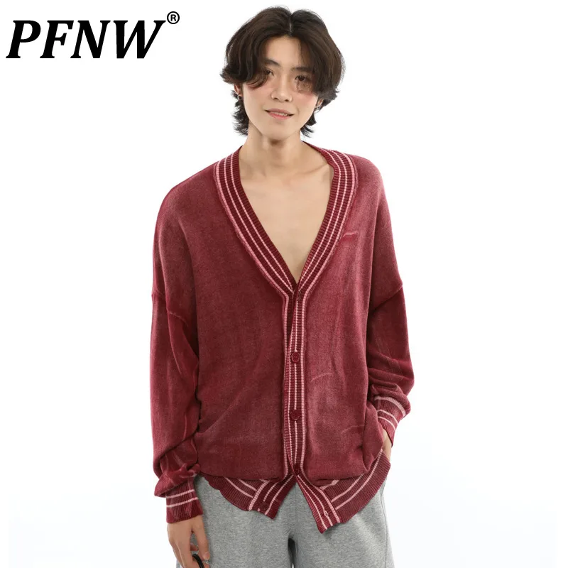 

PFNW Korean Male Striped Worn-out Thin Sweater Vintage V-neck Loose Cardigan Lazy Style Knitted Tops 2024 Autumn Trendy 28W4234