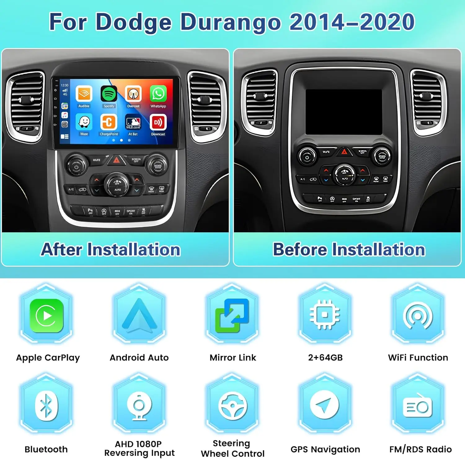 4+64GB Android 13 For Dodge Durango 2014-2020 with Wireless Carplay Car Stereo Android Auto 9