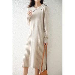 Women's Merino Wool Sweater, Lapel, Monochromatic, Striped, Long Pullover Top, Official Dress, Autumn and Winter, New, 100%