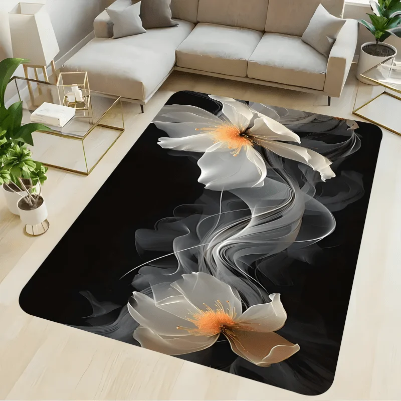 Abstract White Flower Flannel Rug Black Smoke Pattern Floor Mat Soft Non-slip Area Carpet for Living Room Bedroom Home Decor