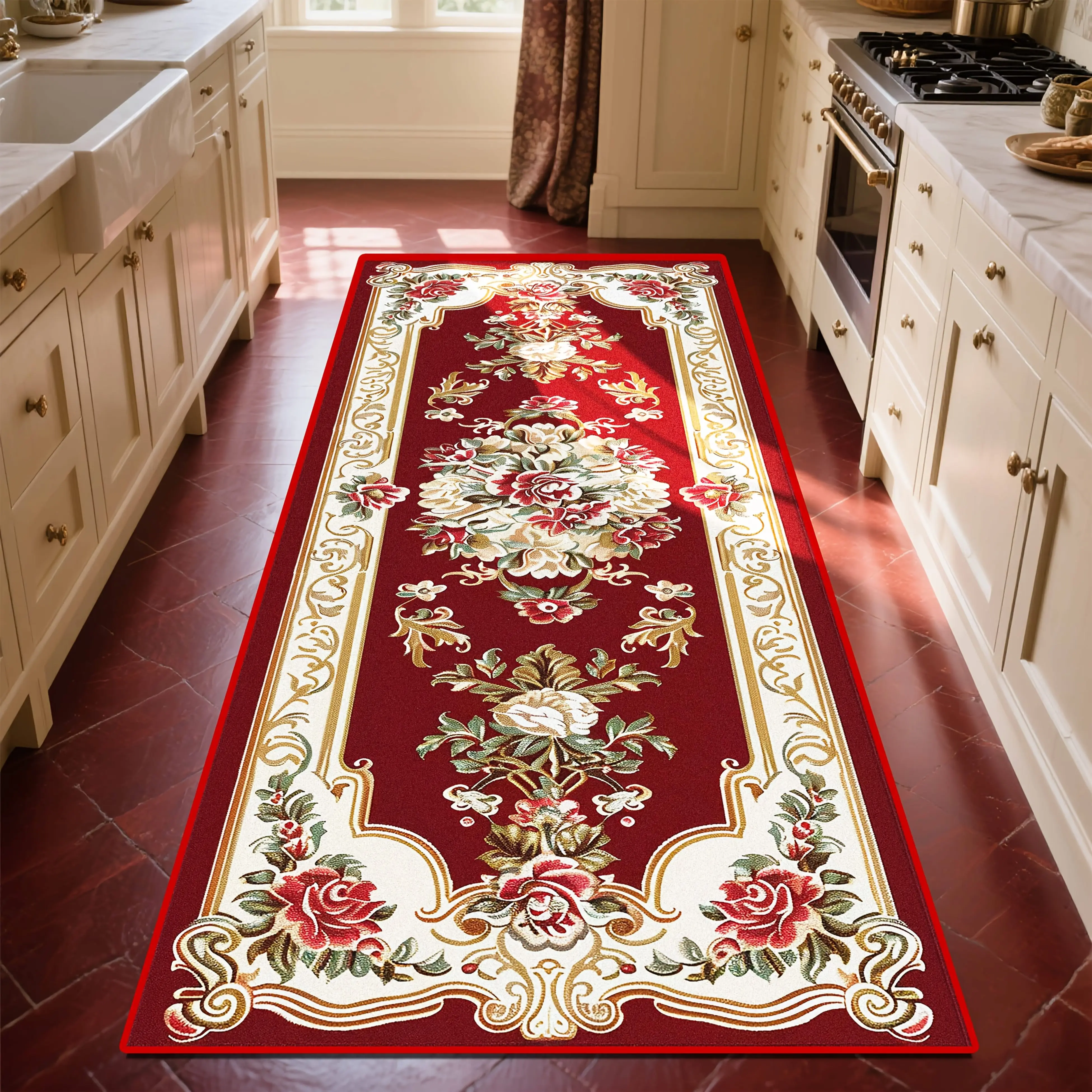 Luxury Persian Style Rose Flower Diatom Mud Kitchen Mat, Super Absorbent Quick-Dry Non-Slip Stain Resistant Long Floor Mat