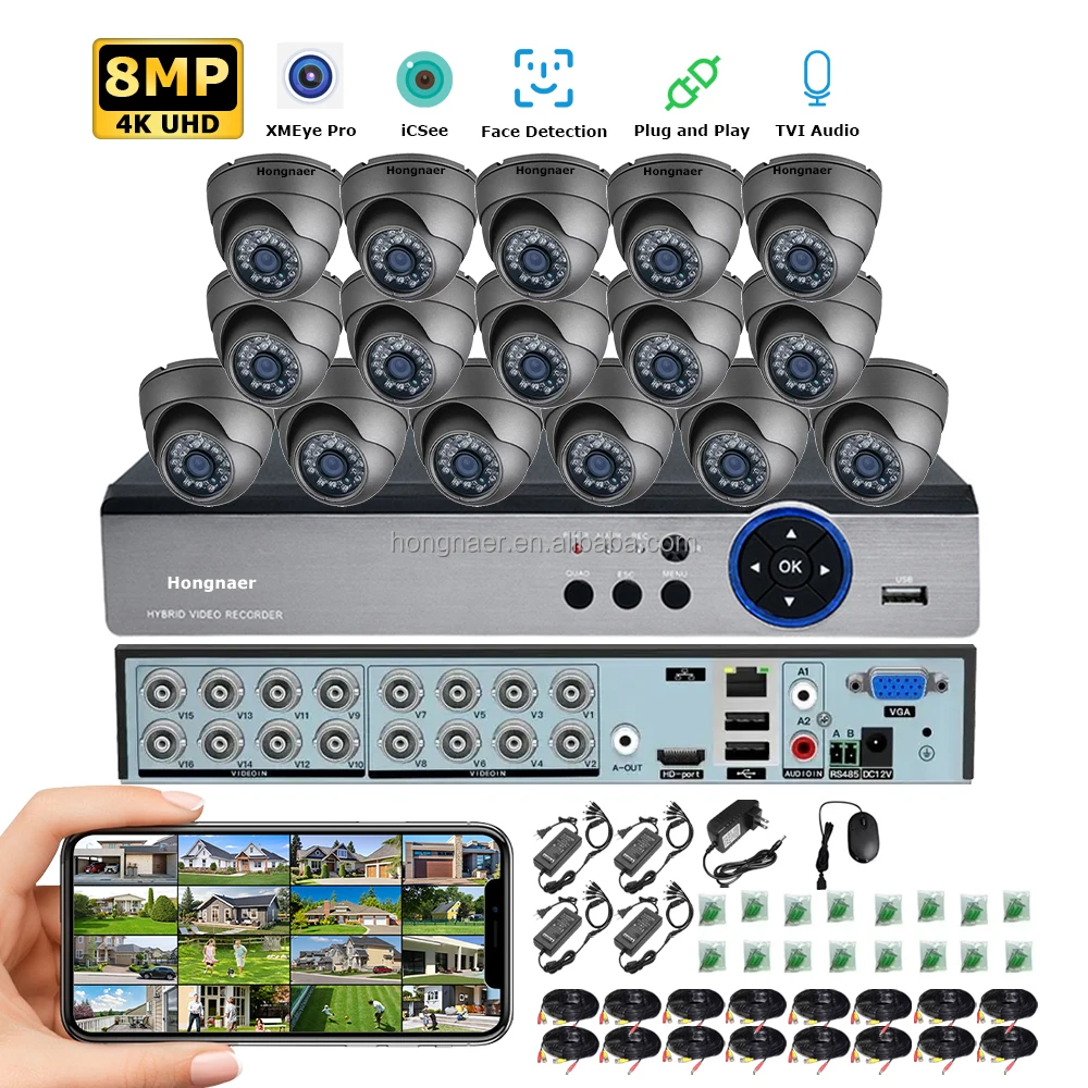 Hongnaer 8MP Face Detection 16 Channel Analog Surveil Security Camera Kit System XMEye Pro 4K Indoor Outdoor CCTV Camera System