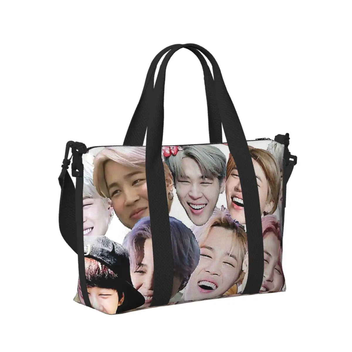 

Custom Smiling Jimin Beach Travel Bag Large Capacity Tote Bags for Gym Sport Women Shopping Duffle Shoulder Bag