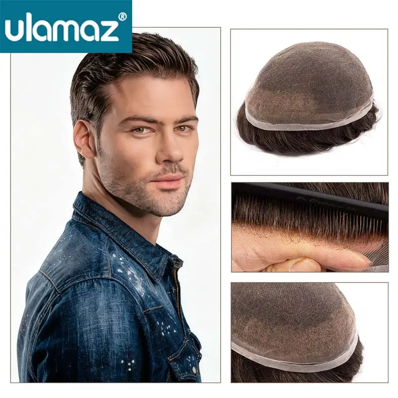 

Men's Wig Full Lace Male hair Prosthesis Double Knots Man Wig Human Hair Breathable Toupee Hair System For Man Bleach Knots Wigs