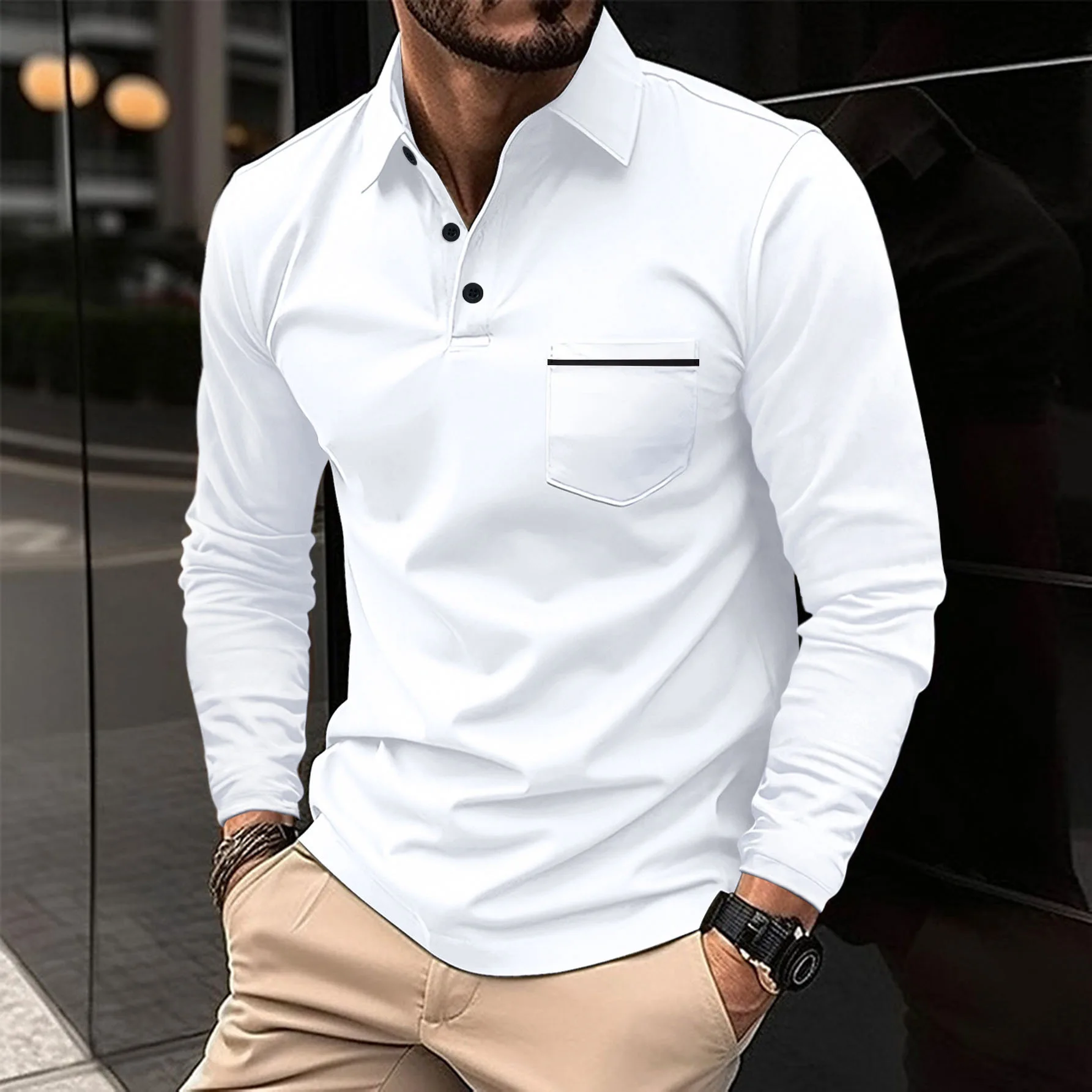 Men's sports casual POLO shirt, stylish and comfortable lapel pocket door towel button loose breathable long sleeve polo shirt