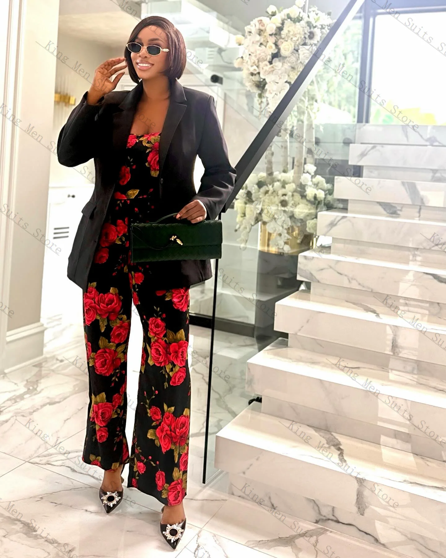 

Floral Women Suits Set 3 Piece Blazer+Top Bra+Pants Trousers Customized Formal Office Lady Black Jacket Wedding Coat