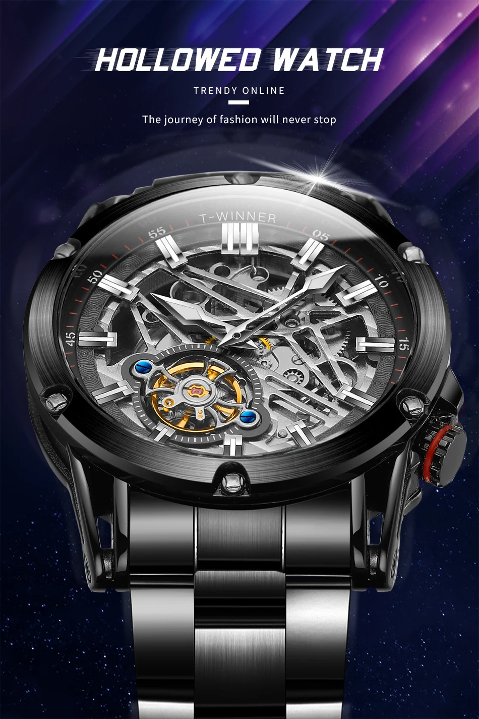 T-WINNER 2026 New Charming Men's Sporty Watches Skeleton Automatic Mechanical Wristwatch Rivet Inlay Durable Steel Fashion Clock