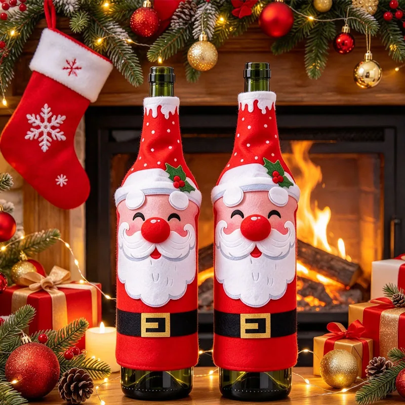 1-10PCS Christmas Wine Bottle Cover Santa Snowman Design Holiday Table Decorations for Restaurant Dining Room and Festive