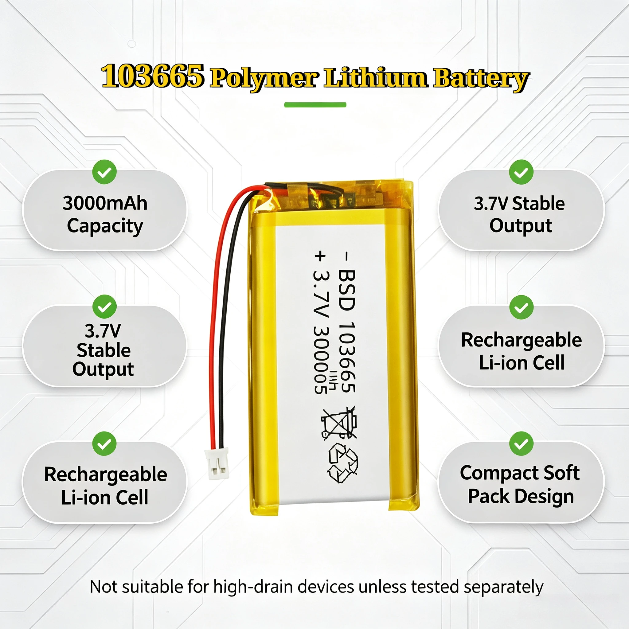 103665 Polymer Lithium Battery 3.7V 3000mAh Rechargeable Batteries for LED Light Driving Recorder PSP Camera Bluetooth Speaker
