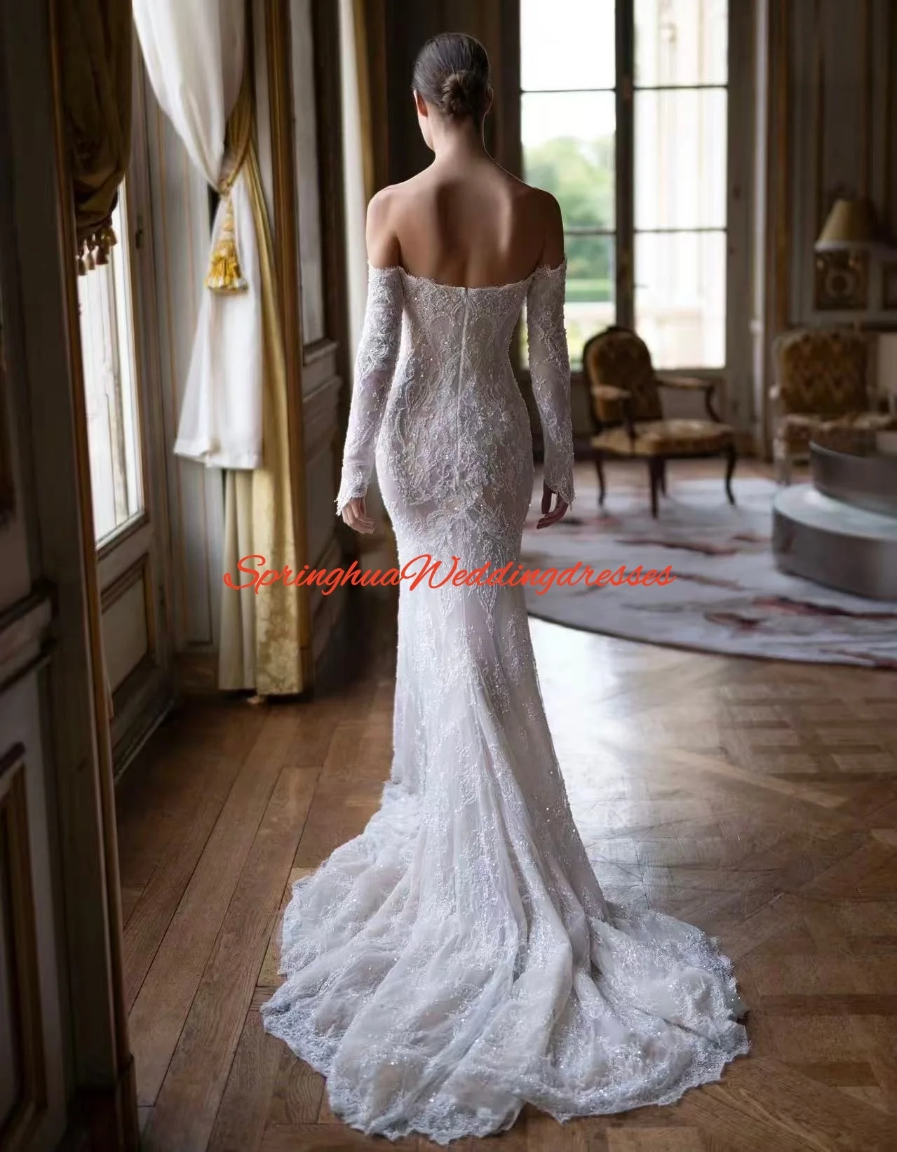 

Customized Exquisite Lace Applique Off the Shoulder Mermaid Wedding Party Dresses Luxury Beaded Evening Dress Prom Gowns
