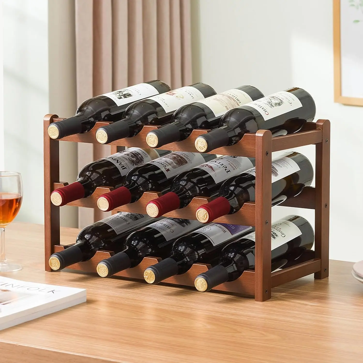 SAEIV 12-Flaschen-Weinregal |   3-stöckiges Holz-Weinregal |   Freistehender Weinorganizer für Küche, Speisekammer, Bar und Weinkeller