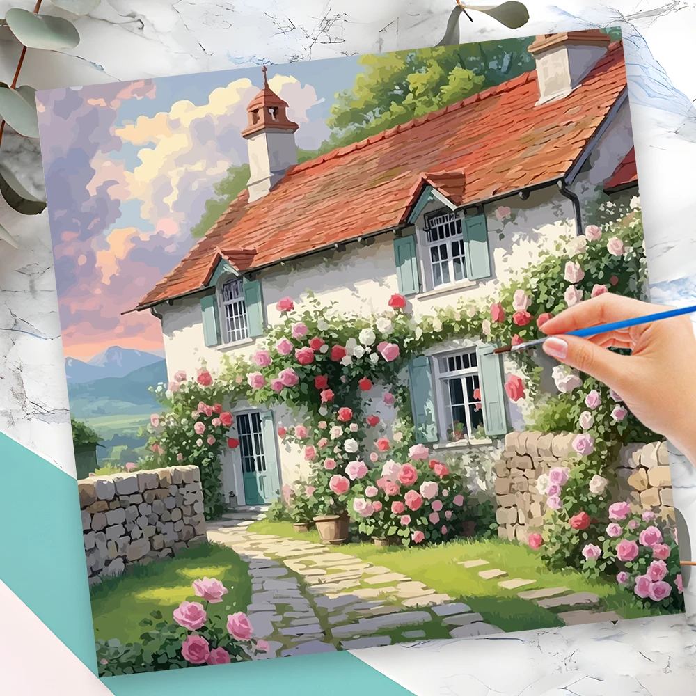 Momoart Hausbild nach Zahlen, Landschaft, DIY-Rahmen, Malen nach Zahlen auf Leinwand, Garten, handgemalt, zum Ausmalen, Basteln, Geschenk