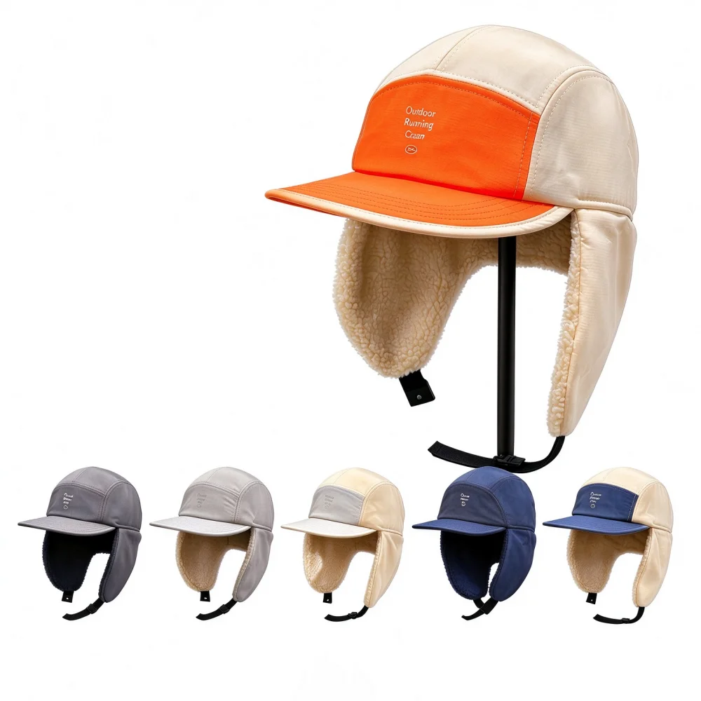 Outdoor Riding Warm Earflaps Versatile Ski Pilot Caps Korean Fashion Patchwork Color Matching Lint Hat for Men and Women Winter