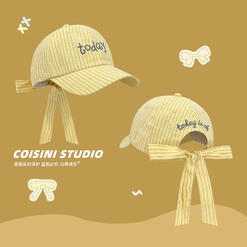 Korean Sweet Bow Ribbon Design Baseball Cap Y2K Spring Summer Travel Fashion Sunscreen Versatile Contrast Striped Women's Hats