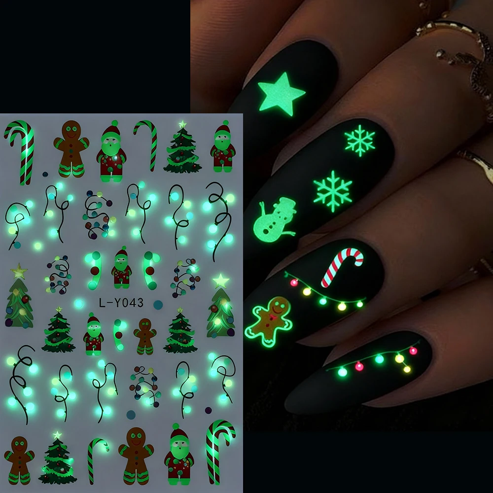 1pcs Luminous Light Bulbs Design Nail Art Stickers 3D Christmas Tree Snowflakes Noctilucent Lanterns Nail Decals DIY Winter Nail