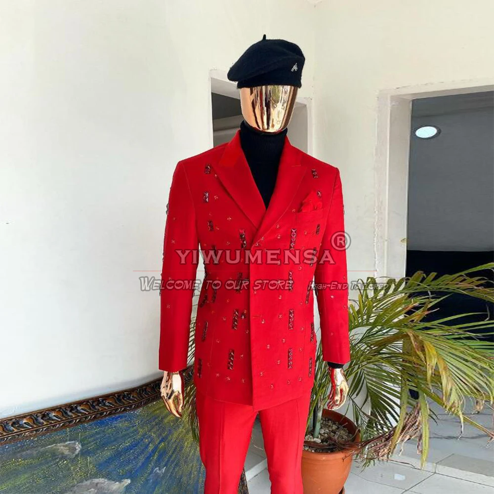 Customized Red Suits Men Beads Stone Formal Groom Wedding Tuxedos Bespoke Double Breasted Jacket Pants 2 Pieces Prom Party Dress