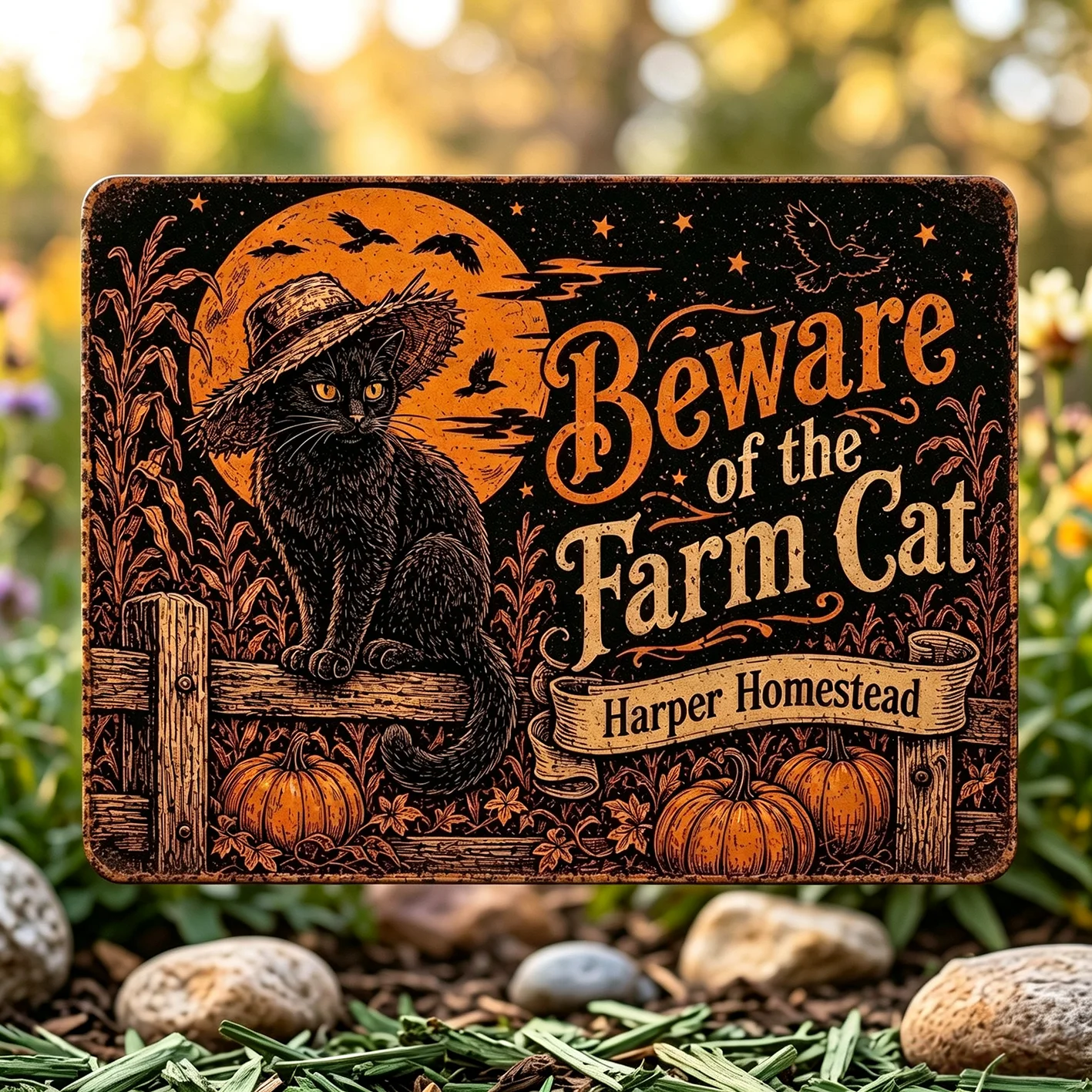 CIFbuy [2D Flat] 1pc Custom Beware Of Farm Cat Halloween Metal Plaque, Personalized Name Black Cat Wall Ornament (Only For Decor