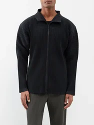 Miyake Plisse-Cardigã casual plissado com zíper masculino, casaco de rua, zíper bidirecional, jaqueta de gola alta frontal