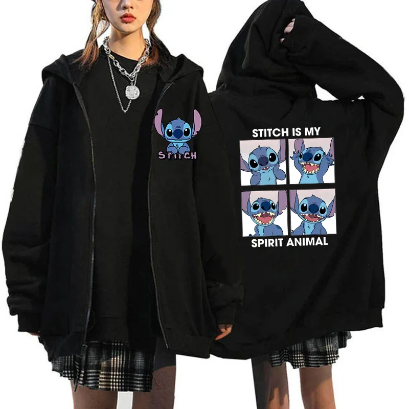 Women's Zip Hoodies Disney Role Play Lilo & Stitch Graphic Print Sweatshirt Winter Outerwear Girls Student College Clothing Tops