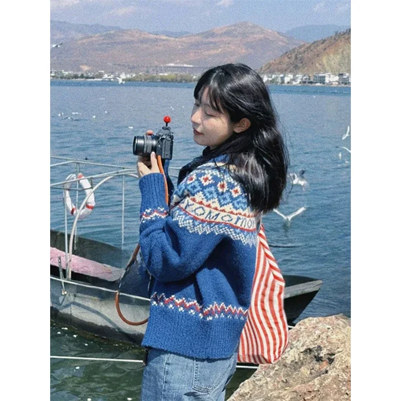 여성용 빈티지 프린트 니트 가디건, 일본 하라주쿠 스웨터, 겉옷, 겨울 미학적 긴팔 점퍼, 한국 니트웨어