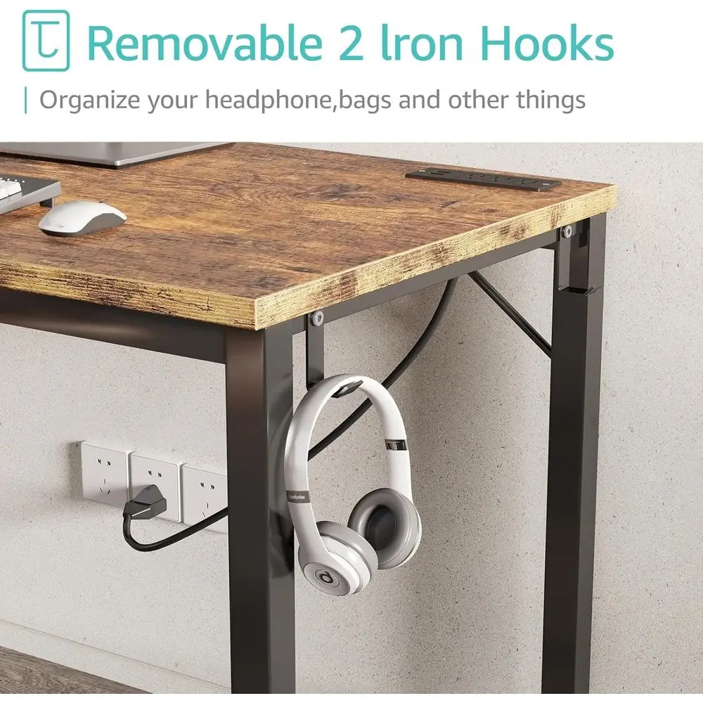 Brown 55 Study & Home Office Desk with Built-In Power Outlets for Computer Workstations