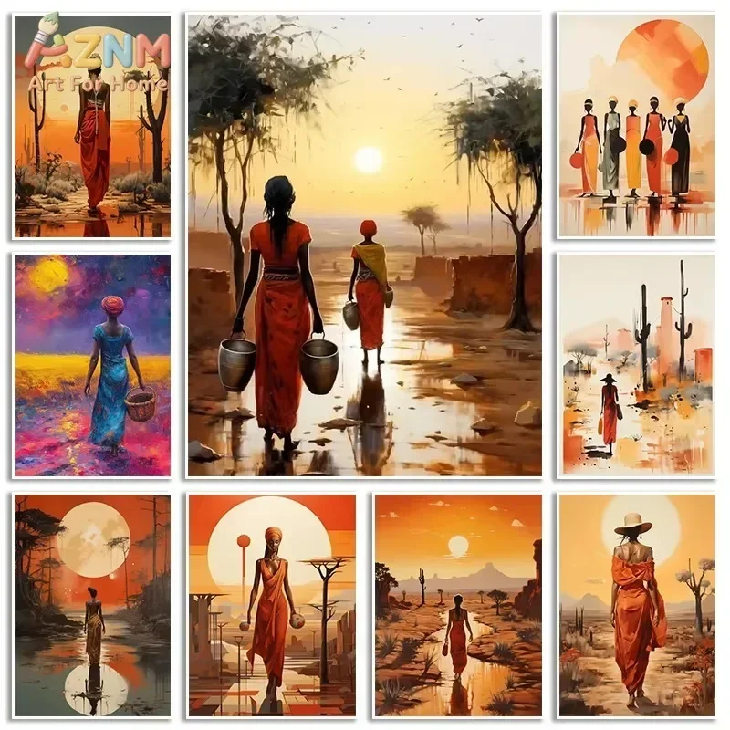 Canvas Wall Art African Woman Sunset Landscape Print Unframed Canvas Painting Ethnic Figure Poster Living Room Bedroom Home Deco