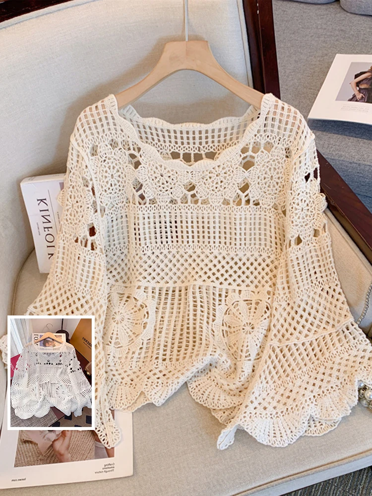 

Summer New Large Size Women's T-Shirt Bell Sleeve Knitted Lace Hollow out round Neck Trendy Top Cotton Blend Casual Wear