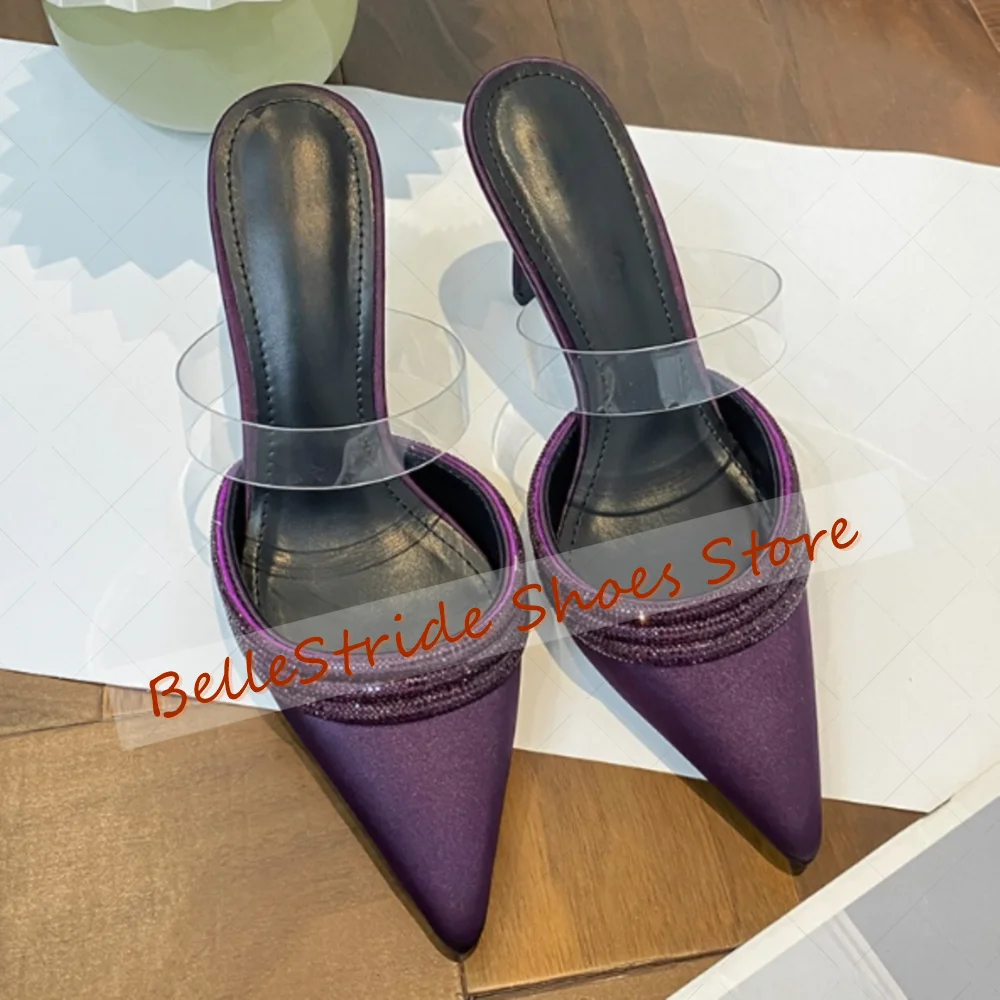 Purple Crystal Pointed Toe PVC Strap Slippers Women Shoes Stilettos High Heels Party Banquet Dating 2025 Zapatos Para Mujere